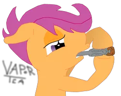 Size: 1516x1200 | Tagged: semi-grimdark, artist:vapor-tea, derpibooru import, scootaloo, pony, female, filly, gun, imminent death, imminent suicide, solo, weapon