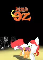 Size: 950x1300 | Tagged: artist:deepermadness, chase, derpibooru import, film night, oc, oc:flicker, ponibooru film night, poster, return to oz, safe, scootachicken, scootaloo, wheelers