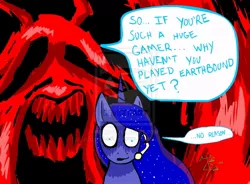 Size: 800x590 | Tagged: grimdark, artist:unidentifiedlifeform, derpibooru import, princess luna, gamer luna, crossover, earthbound, giygas, watermark