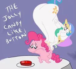 Size: 641x580 | Tagged: artist needed, safe, derpibooru import, pinkie pie, princess celestia, alicorn, earth pony, pony, big red button, female, impossibly large butt, looking back, mare, parody, plot, reference, ren and stimpy, space madness!, temptation, trollestia