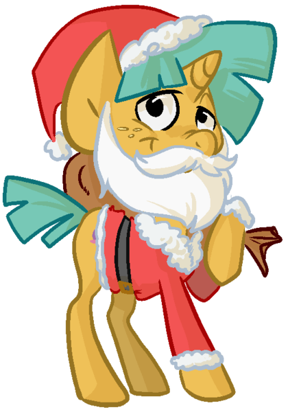 Size: 534x763 | Tagged: safe, artist:briskby, derpibooru import, snails, pony, unicorn, christmas, clothes, costume, fake beard, hat, hearth's warming eve, holiday, santa beard, santa costume, santa hat, solo