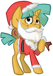 Size: 534x763 | Tagged: safe, artist:briskby, derpibooru import, snails, pony, unicorn, christmas, clothes, costume, fake beard, hat, hearth's warming eve, holiday, santa beard, santa costume, santa hat, solo