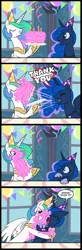 Size: 656x2000 | Tagged: artist:madmax, birthday, cake, comic, cute, cutelestia, derpibooru import, food, foodplay, hug, lunabetes, messy, nuzzling, princess celestia, princess luna, safe, traditional royal canterlot voice