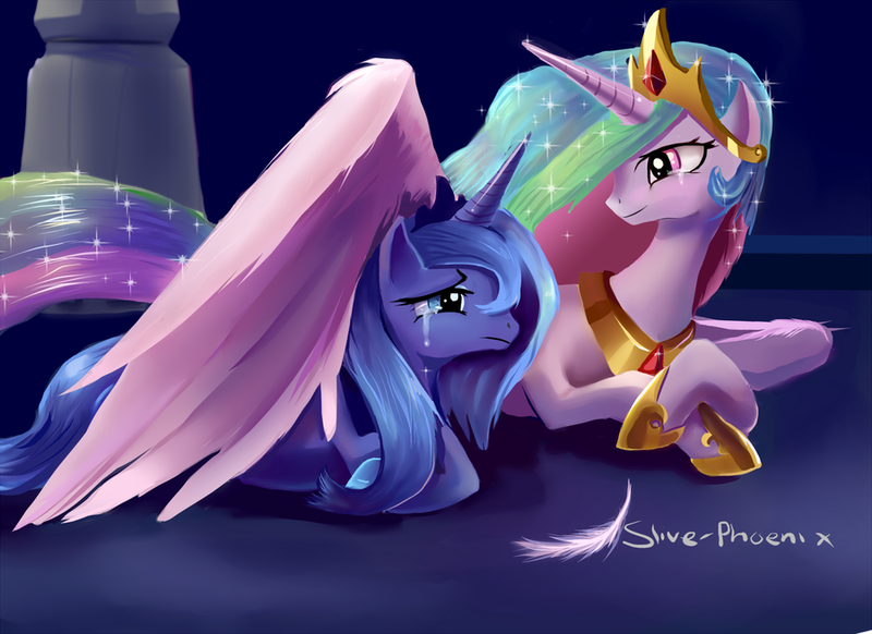 Size: 900x655 | Tagged: safe, artist:incinerater, derpibooru import, princess celestia, princess luna, alicorn, pony, crying, duo, duo female, feather, female, prone, s1 luna, sisters, winghug