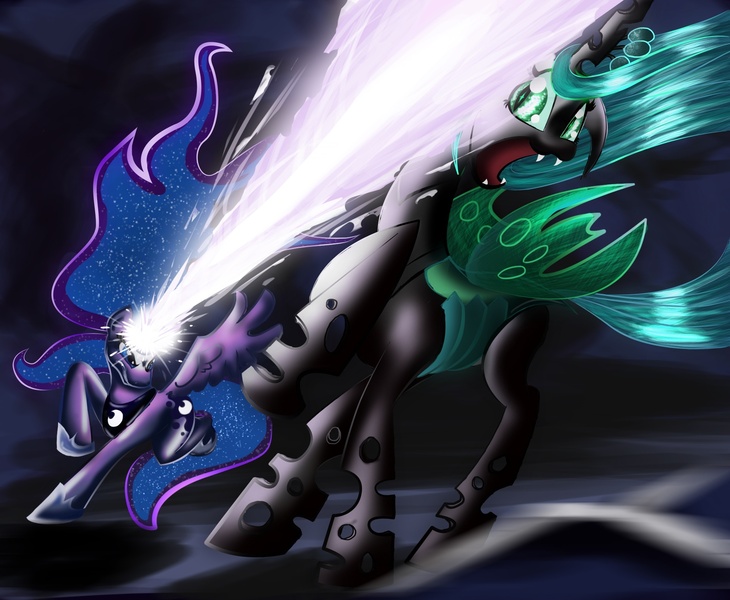 Size: 1900x1561 | Tagged: safe, artist:forevernyte, derpibooru import, princess luna, queen chrysalis, alicorn, changeling, changeling queen, pony, blast, fangs, female, fight, frown, image, jpeg, magic, magic beam, magic blast, mare, open mouth, screaming