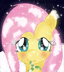 Size: 1500x1691 | Tagged: artist:martybpix, blushing, derpibooru import, fluttershy, mistletoe, mouth hold, safe, snow, snowfall, solo