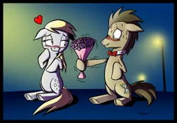 Size: 1280x893 | Tagged: safe, artist:tobibrocki, derpibooru import, derpy hooves, doctor whooves, time turner, earth pony, pegasus, pony, bouquet, doctorderpy, female, flower, hoof hold, male, mare, shipping, stallion, straight