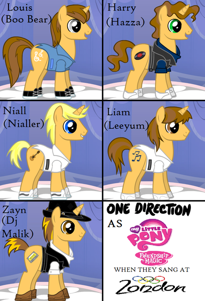 Size: 730x1071 | Tagged: artist:skyela-bagans, band, boy band, derpibooru import, harry styles, niall horan, one direction, ponified, safe, zayn malik