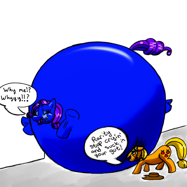 Size: 1200x1200 | Tagged: applejack, artist:kbryme, ball, blue, bluebarity, blueberry, blueberry inflation, cant fit, charlie and the chocolate factory, crying, derpibooru import, flailing, huge, inflation, push, questionable, rarity, roll, round, sad