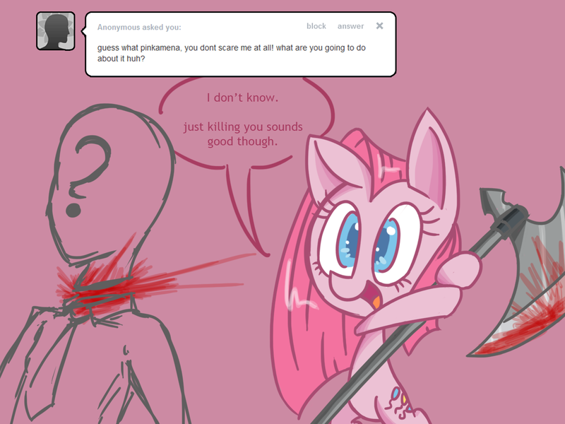 Size: 1280x960 | Tagged: artist:voids-edge, ask, axe, blood, death, decapitated, decapitation, derpibooru import, grimdark, oc, oc:anon, pinkamena diane pie, pinkie pie, question pinkamena, severed head