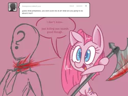 Size: 1280x960 | Tagged: artist:voids-edge, ask, axe, blood, death, decapitated, decapitation, derpibooru import, grimdark, oc, oc:anon, pinkamena diane pie, pinkie pie, question pinkamena, severed head