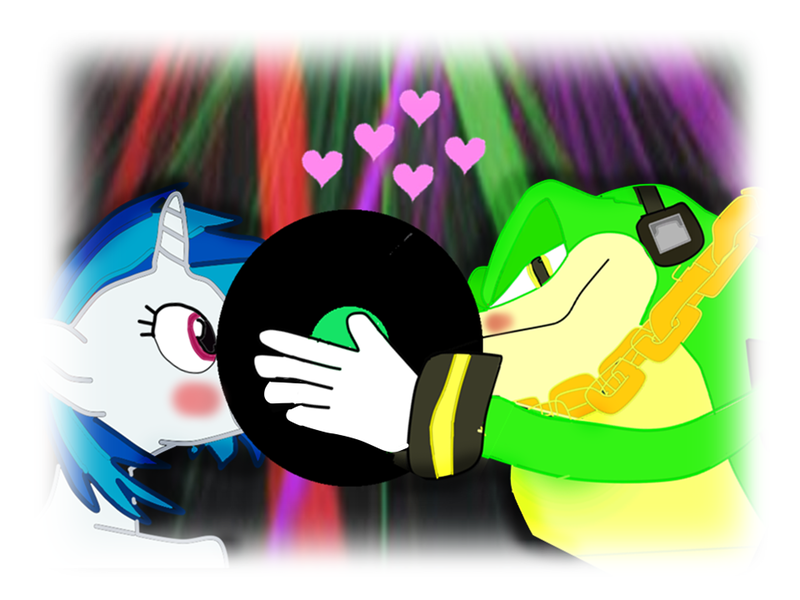 Size: 960x720 | Tagged: artist:kaiamurosesei, crossover, crossover shipping, derpibooru import, female, interspecies, kissing, male, safe, shipping, sonic the hedgehog (series), source needed, straight, useless source url, vector the crocodile, vectorvinyl, vinyl scratch