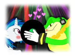 Size: 960x720 | Tagged: artist:kaiamurosesei, crossover, crossover shipping, derpibooru import, female, interspecies, kissing, male, safe, shipping, sonic the hedgehog (series), source needed, straight, useless source url, vector the crocodile, vectorvinyl, vinyl scratch