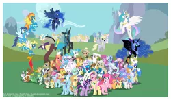 Size: 2400x1400 | Tagged: safe, artist:xain-russell, deleted from derpibooru, derpibooru import, allie way, aloe, angel bunny, apple bloom, applejack, berry punch, berryshine, big macintosh, bon bon, braeburn, carrot cake, cheerilee, cup cake, daring do, derpy hooves, diamond tiara, discord, doctor whooves, fancypants, fleur-de-lis, fluttershy, gilda, gummy, hoity toity, lotus blossom, lyra heartstrings, mayor mare, minuette, nightmare moon, octavia melody, opalescence, owlowiscious, philomena, photo finish, pinkie pie, pipsqueak, pound cake, prince blueblood, princess cadance, princess celestia, princess luna, pumpkin cake, queen chrysalis, rainbow dash, rarity, sapphire shores, scootaloo, shining armor, silver spoon, soarin', spike, spitfire, surprise, sweetie belle, sweetie drops, tank, time turner, trixie, twilight sparkle, vinyl scratch, winona, zecora, changeling, changeling queen, earth pony, gryphon, pony, zebra, cutie mark crusaders, everypony, female, g1, group shot, male, mane six, spa twins, stallion, wonderbolts