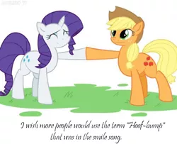 Size: 640x519 | Tagged: applejack, derpibooru import, hoofbump, meta, rarity, safe, text