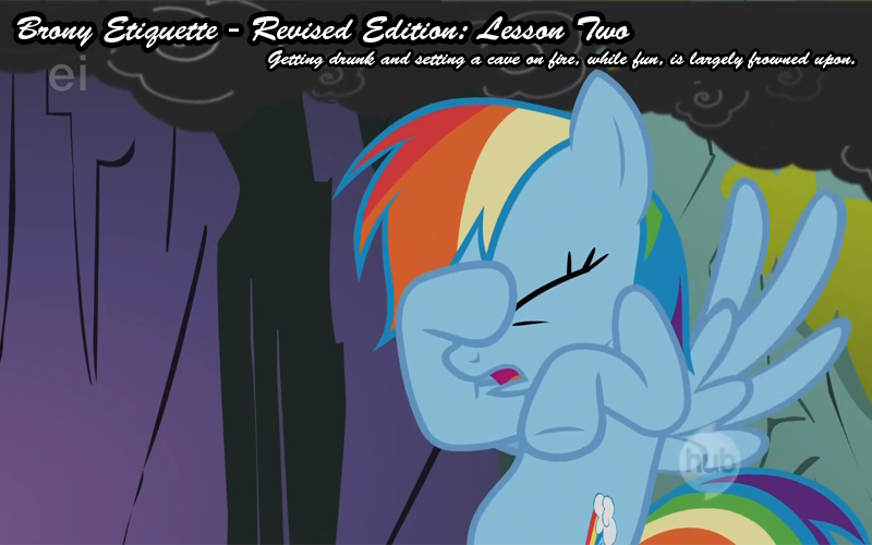 Size: 800x500 | Tagged: bronyetiquette, derpibooru import, image macro, meta, rainbow dash, revised, safe, screencap, text