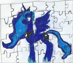 Size: 922x802 | Tagged: artist:zeldatheswordsman, derpibooru import, newbie artist training grounds, princess luna, puzzle, safe, solo, traditional art