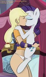 Size: 604x1000 | Tagged: suggestive, artist:okiedokielowkey, derpibooru import, applejack, rarity, pony, breasts, clothes, female, human on pony action, humanized, humanized human on pony action, kissing, lesbian, panties, rarijack, shipping, tail pull, underwear