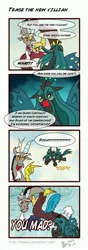 Size: 1200x3400 | Tagged: age regression, artist:howxu, changeling, changeling queen, comic, derpibooru import, discord, discord being discord, female, filly, filly queen chrysalis, i'm not cute, meme, nymph, queen chrysalis, safe, trollcord, trollface