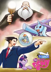 Size: 851x1193 | Tagged: ace attorney, artist:howxu, crossover, derpibooru import, fluttershy, human, phoenix wright, rainbow dash, safe, trixie, turnabout storm, twilight sparkle