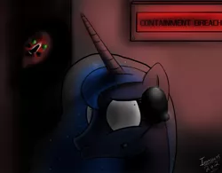 Size: 1195x931 | Tagged: artist:ironsocks, crossover, derpibooru import, fear, frown, gamer luna, grimdark, headset, microphone, princess luna, scared, scp, scp-173, scp foundation, wide eyes