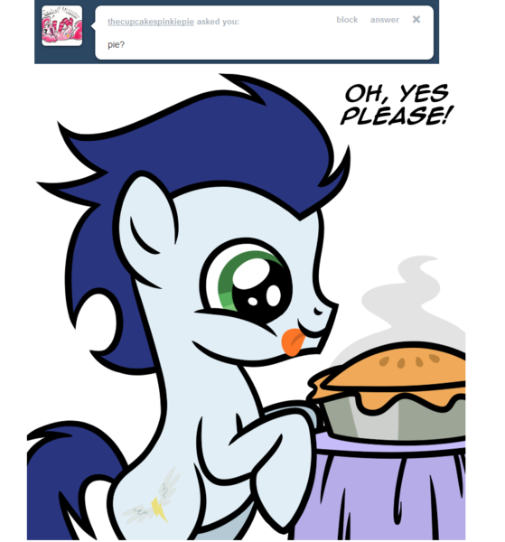 Size: 806x865 | Tagged: safe, derpibooru import, soarin', animation error, ask, colt, my little filly, pie, that pony sure does love pies, tongue out