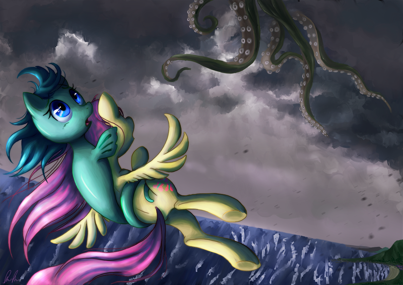 Size: 1241x877 | Tagged: artist:c-puff, derpibooru import, duo, fluttershy, g1, kraken, safe, sea pony, tentacles, wavedancer