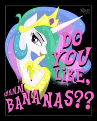 Size: 2055x2551 | Tagged: safe, artist:killryde, derpibooru import, princess celestia, alicorn, pony, banana, bananalestia, do you like bananas?, female, friendship is magic bitch, high res, licking, lidded eyes, mare, solo, tongue out