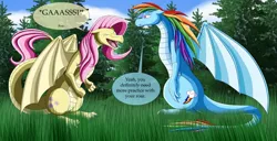 Size: 1803x925 | Tagged: artist:weirdofish, derpibooru import, dragon, dragonified, flutterdragon, fluttershy, flutteryay, rainbow dash, rainbow dragon, roar, safe, species swap, yay