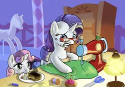 Size: 2000x1400 | Tagged: apple, apple slices, artist:muffinshire, burned, burnt toast, cute, daaaaaaaaaaaw, derpibooru import, food, glasses, grilled cheese, mannequin, measuring tape, pencil, pincushion, rarity, rarity's glasses, safe, sewing, sewing machine, sweetie belle, sweetie belle can't cook, thread