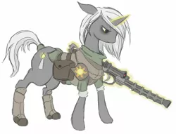 Size: 676x516 | Tagged: safe, artist:fukamaru, derpibooru import, oc, oc:psalm, unofficial characters only, pony, unicorn, fallout equestria, fallout equestria: project horizons, fanfic, fanfic art, female, glowing horn, gun, hooves, horn, levitation, magic, mare, saddle bag, simple background, solo, telekinesis, weapon, white background