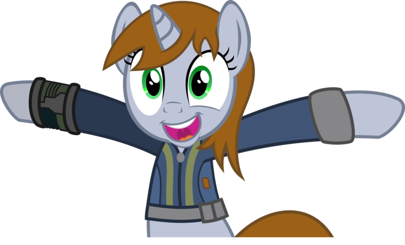 Size: 1600x970 | Tagged: safe, artist:brisineo, derpibooru import, doomie, oc, oc:littlepip, unofficial characters only, pony, unicorn, fallout equestria, fanfic, .svg available, clothes, fanfic art, female, hooves, horn, looking at you, mare, open mouth, pipbuck, simple background, smiling, solo, teeth, text, transparent background, vault suit, vector