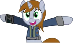Size: 1600x970 | Tagged: safe, artist:brisineo, derpibooru import, doomie, oc, oc:littlepip, unofficial characters only, pony, unicorn, fallout equestria, fanfic, .svg available, clothes, fanfic art, female, hooves, horn, looking at you, mare, open mouth, pipbuck, simple background, smiling, solo, teeth, text, transparent background, vault suit, vector