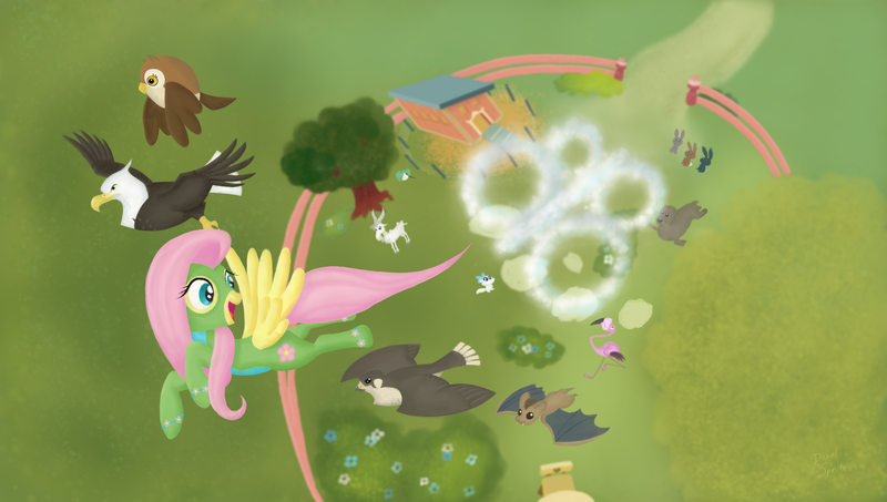 Size: 1920x1088 | Tagged: artist:pixelspriteart, bat, bird, bush, chair, clothes, costume, derpibooru import, description at source, eagle, falcon, fence, flamingo, flight suit, flower, fluttershy, flying, goat, hummingbird, owl, rabbit, safe, seal, sea lion, table, tree