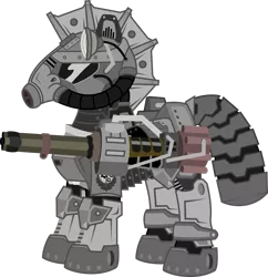 Size: 1600x1652 | Tagged: dead source, safe, artist:brisineo, derpibooru import, oc, oc:steelhooves, unofficial characters only, earth pony, pony, fallout equestria, fanfic, armor, fanfic art, gun, machine gun, male, power armor, simple background, solo, stallion, steel ranger, steel rangers, transparent background, weapon