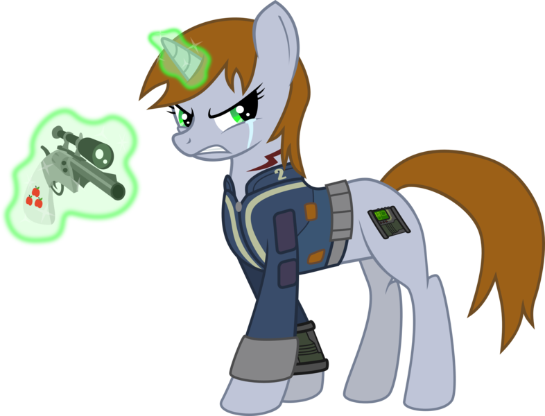 Size: 3931x3001 | Tagged: safe, artist:brisineo, derpibooru import, oc, oc:littlepip, unofficial characters only, pony, unicorn, fallout equestria, fanfic, clothes, crying, cutie mark, fanfic art, female, glowing horn, gun, handgun, high res, hooves, horn, levitation, little macintosh, magic, mare, optical sight, pipbuck, revolver, simple background, solo, teeth, telekinesis, transparent background, vault suit, weapon