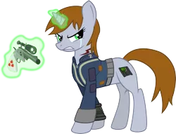 Size: 3931x3001 | Tagged: safe, artist:brisineo, derpibooru import, oc, oc:littlepip, unofficial characters only, pony, unicorn, fallout equestria, fanfic, clothes, crying, cutie mark, fanfic art, female, glowing horn, gun, handgun, high res, hooves, horn, levitation, little macintosh, magic, mare, optical sight, pipbuck, revolver, simple background, solo, teeth, telekinesis, transparent background, vault suit, weapon