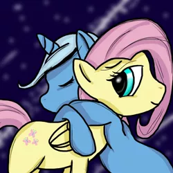 Size: 1024x1024 | Tagged: artist:jabbie64, derpibooru import, female, fluttershy, hug, lesbian, safe, shipping, trixie, trixieshy