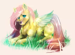 Size: 900x662 | Tagged: artist:jazzycat, butterfly, cute, derpibooru import, fluffy, fluttershy, grass, horse, prone, realistic, safe, shyabetes, smiling, solo