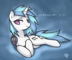 Size: 798x660 | Tagged: artist:soulspade, dead source, derpibooru import, headphones, looking over shoulder, lying down, prone, safe, solo, vinyl scratch