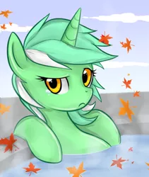 Size: 600x711 | Tagged: safe, artist:mn27, derpibooru import, lyra heartstrings, pony, unicorn, autumn, autumn leaves, crying, frown, hot tub, leaves, maple leaf, raised eyebrow, sad, solo, water