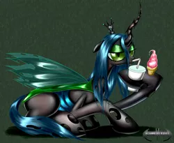 Size: 1280x1049 | Tagged: safe, artist:da-goddamn-batguy, derpibooru import, queen chrysalis, changeling, changeling queen, abstract background, drink, female, floppy ears, ice cream, image, jpeg, lidded eyes, looking at you, signature, slit eyes, solo