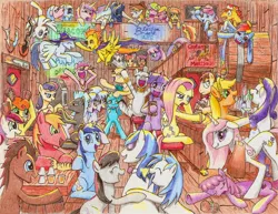 Size: 2156x1666 | Tagged: safe, artist:philo5, derpibooru import, aloe, apple bloom, applejack, berry punch, berryshine, big macintosh, bon bon, carrot cake, carrot top, cheerilee, cloudchaser, cup cake, derpy hooves, discord, doctor whooves, donut joe, fleur-de-lis, flitter, fluttershy, golden harvest, lotus blossom, lyra heartstrings, mayor mare, minuette, octavia melody, pinkie pie, princess cadance, princess celestia, princess luna, queen chrysalis, rainbow dash, rarity, roseluck, scootaloo, shining armor, soarin', spitfire, sweetie belle, sweetie drops, thunderlane, time turner, twilight sparkle, vinyl scratch, zecora, changeling, changeling queen, earth pony, pony, zebra, accessory swap, bar, carrot cup, character request, detailed, everypony, female, glasses, male, mane six, shining armor gets all the mares, shipping, stallion, straight, traditional art