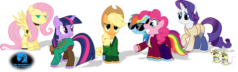 Size: 1600x487 | Tagged: safe, artist:zimvader42, derpibooru import, applejack, flam, flim, fluttershy, pinkie pie, rainbow dash, rarity, twilight sparkle, mouse, pony, robot, robot pony, arthur dent, crossover, flim flam brothers, flutterbot, ford prefect, hitchhiker's guide to the galaxy, marvin the paranoid android, mousified, roboticization, species swap, trillian, zaphod beeblebrox