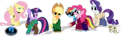 Size: 1600x487 | Tagged: safe, artist:zimvader42, derpibooru import, applejack, flam, flim, fluttershy, pinkie pie, rainbow dash, rarity, twilight sparkle, mouse, pony, robot, robot pony, arthur dent, crossover, flim flam brothers, flutterbot, ford prefect, hitchhiker's guide to the galaxy, marvin the paranoid android, mousified, roboticization, species swap, trillian, zaphod beeblebrox