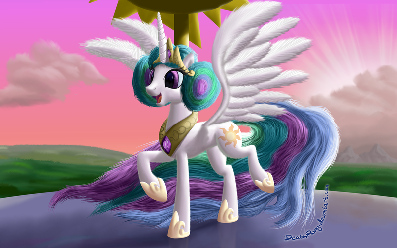 Size: 2000x1250 | Tagged: safe, artist:deathpwny, derpibooru import, princess celestia, alicorn, pony, alternate hairstyle, crossover, female, mare, open mouth, princess leia, smiling, solo