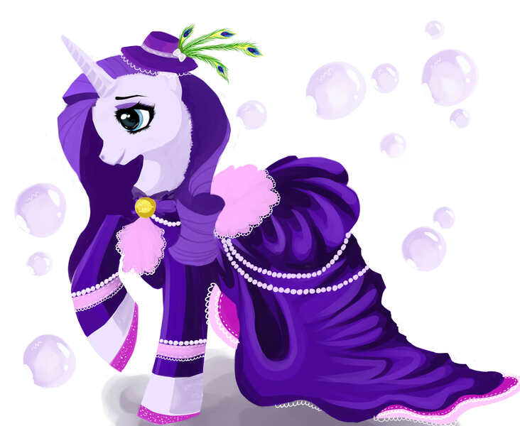 Size: 2393x1961 | Tagged: dead source, safe, artist:schwarz-one, derpibooru import, rarity, pony, unicorn, abstract background, clothes, dress, female, hat, mare, peacock feathers, raised hoof, smiling, solo