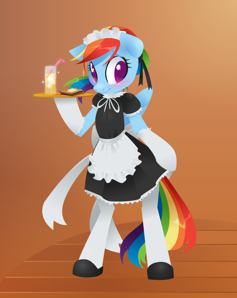 Size: 757x952 | Tagged: safe, artist:kilo, derpibooru import, rainbow dash, pegasus, pony, abstract background, bipedal, blushing, clothes, female, food, juice, maid, mare, orange juice, sandwich, smiling, socks, solo