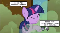 Size: 600x330 | Tagged: safe, derpibooru import, edit, edited screencap, screencap, twilight sparkle, pony, caption, fart, fourth wall, gas, hub logo, transformers