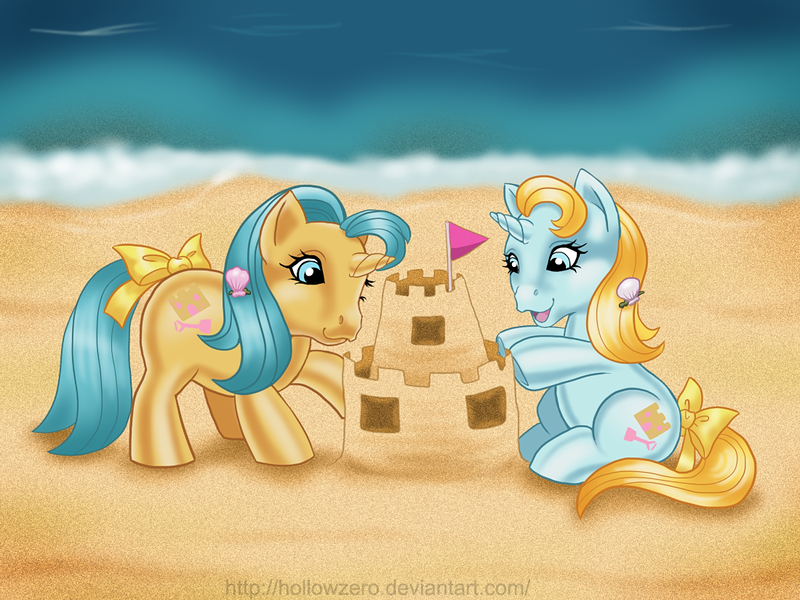 Size: 1100x825 | Tagged: artist:hollowzero, beach, derpibooru import, g1, ocean, safe, sandcastle, shovels